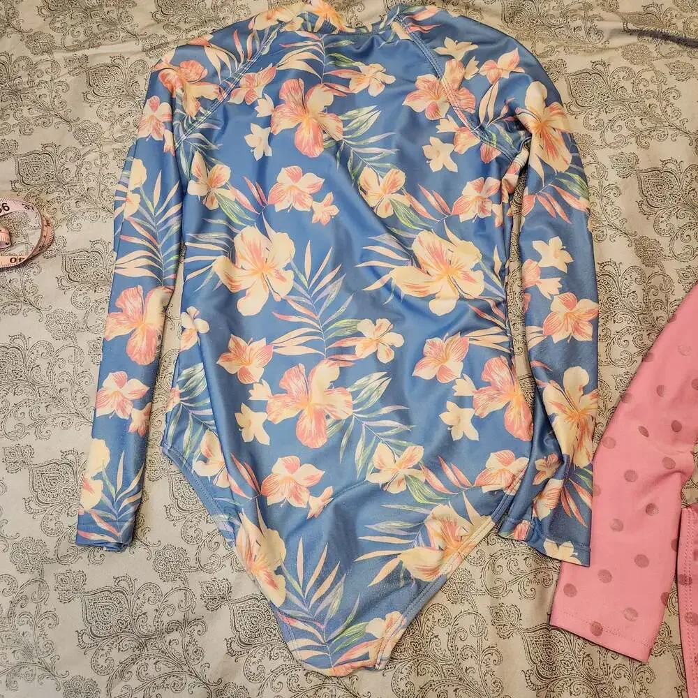 Girls Long Sleeve Zip-Up Rash Guard One Piece Swimsuit Lot of 2